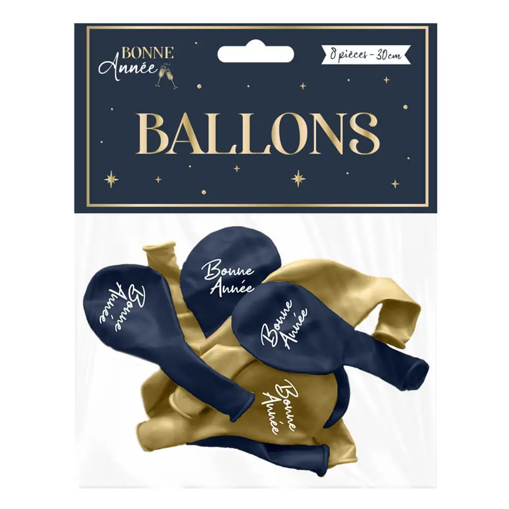 Luftballons "Frohes Neues Jahr" Marineblau / Gold 30cm - 8er-Set