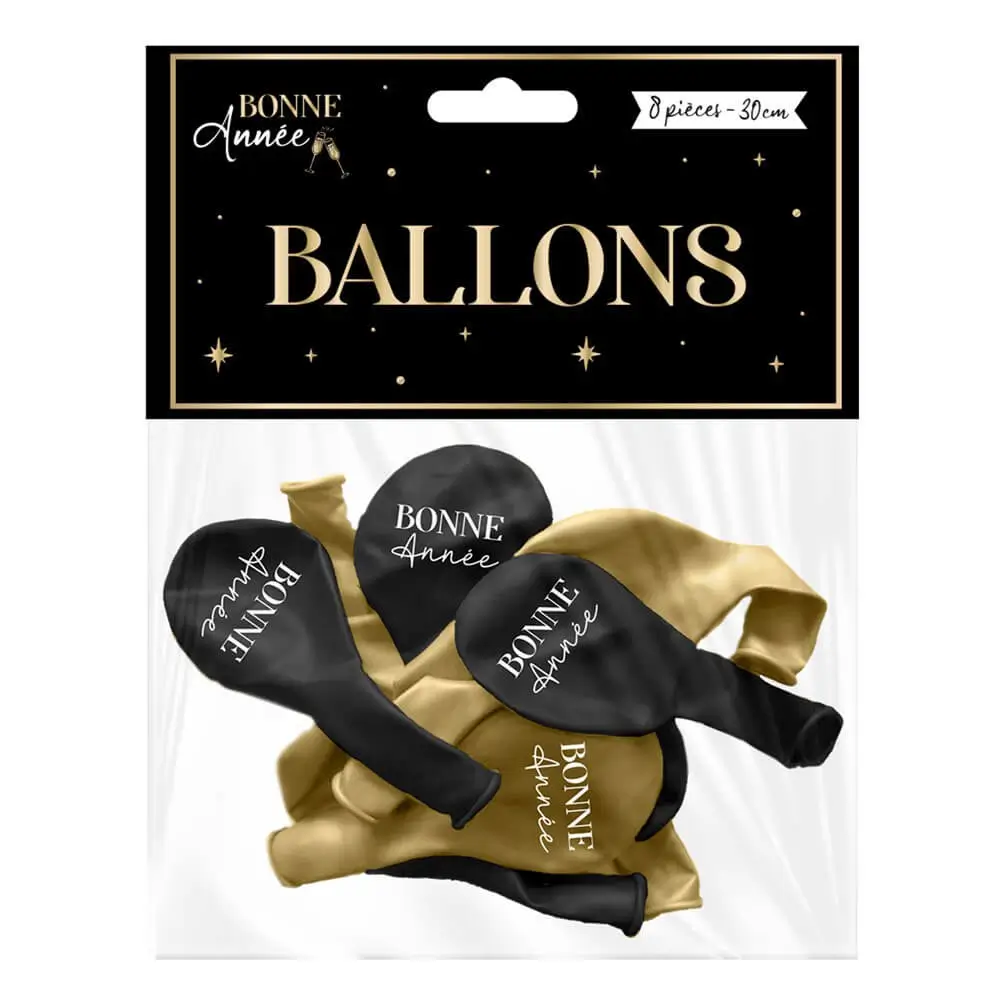 Ballonkopie "Gutes Neues Jahr" Schwarz / Gold 30cm - 8er Set