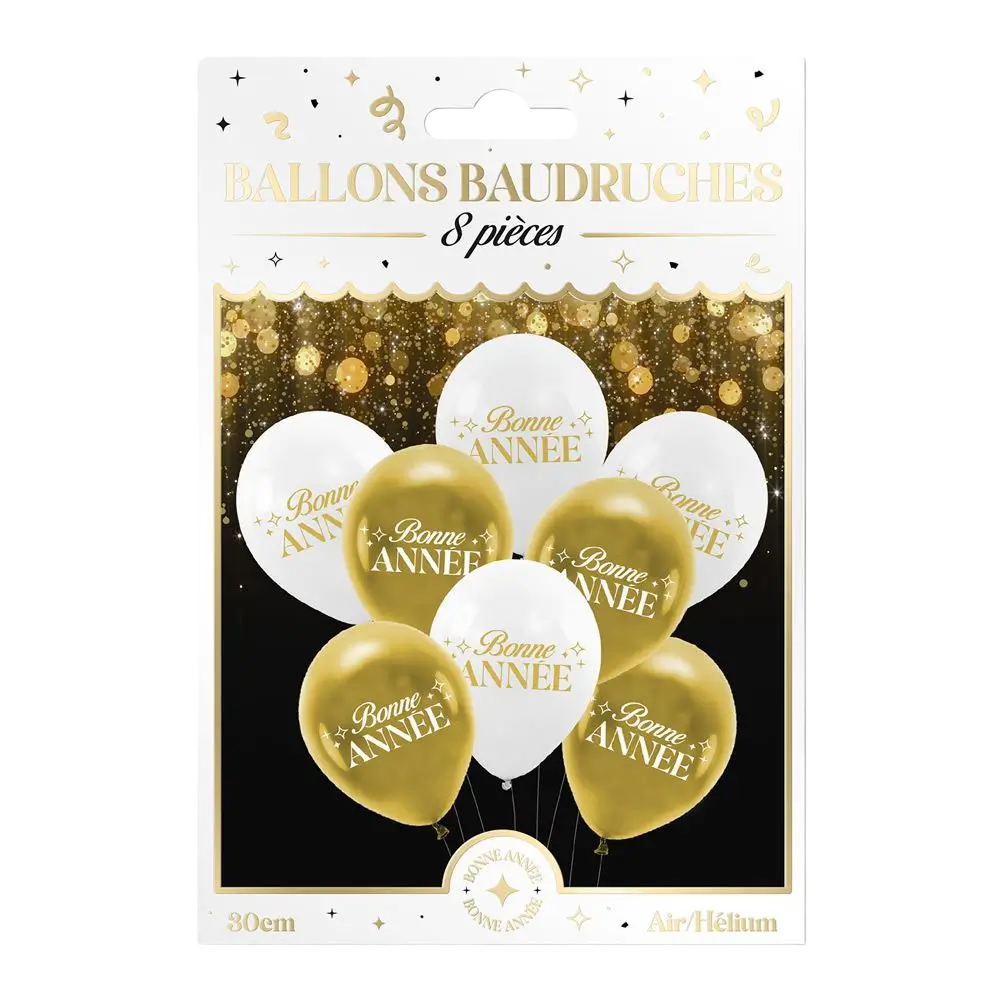 Luftballons „Frohes neues Jahr“ Weiß / Gold 30 cm – 8er-Pack