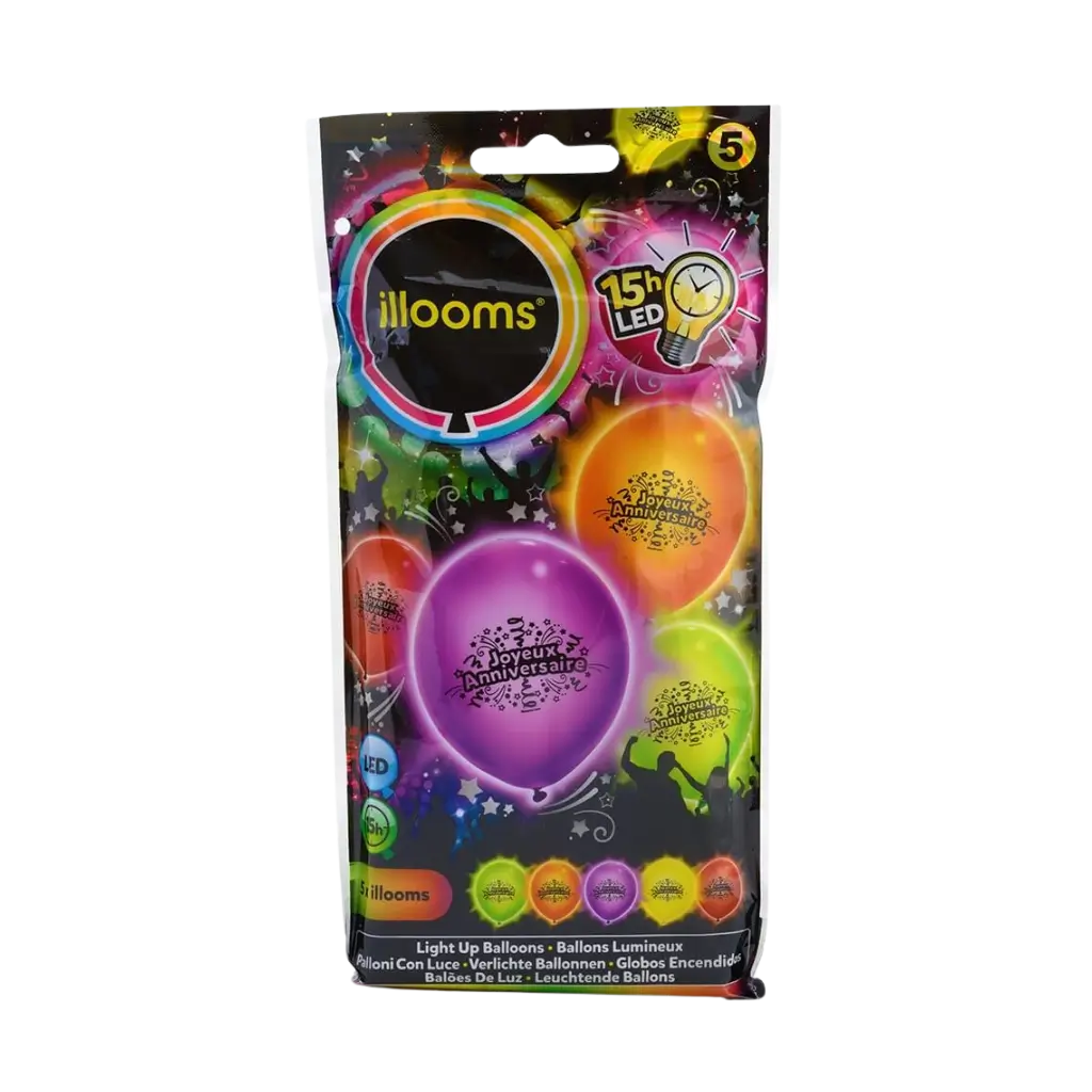 Illooms® LED-Luftballons aus Latex - "Joyeux Anniversaire"