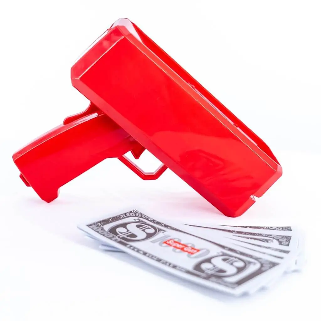 Banknotenpistole - Farbe Rot - 100 falsche Banknoten inklusive