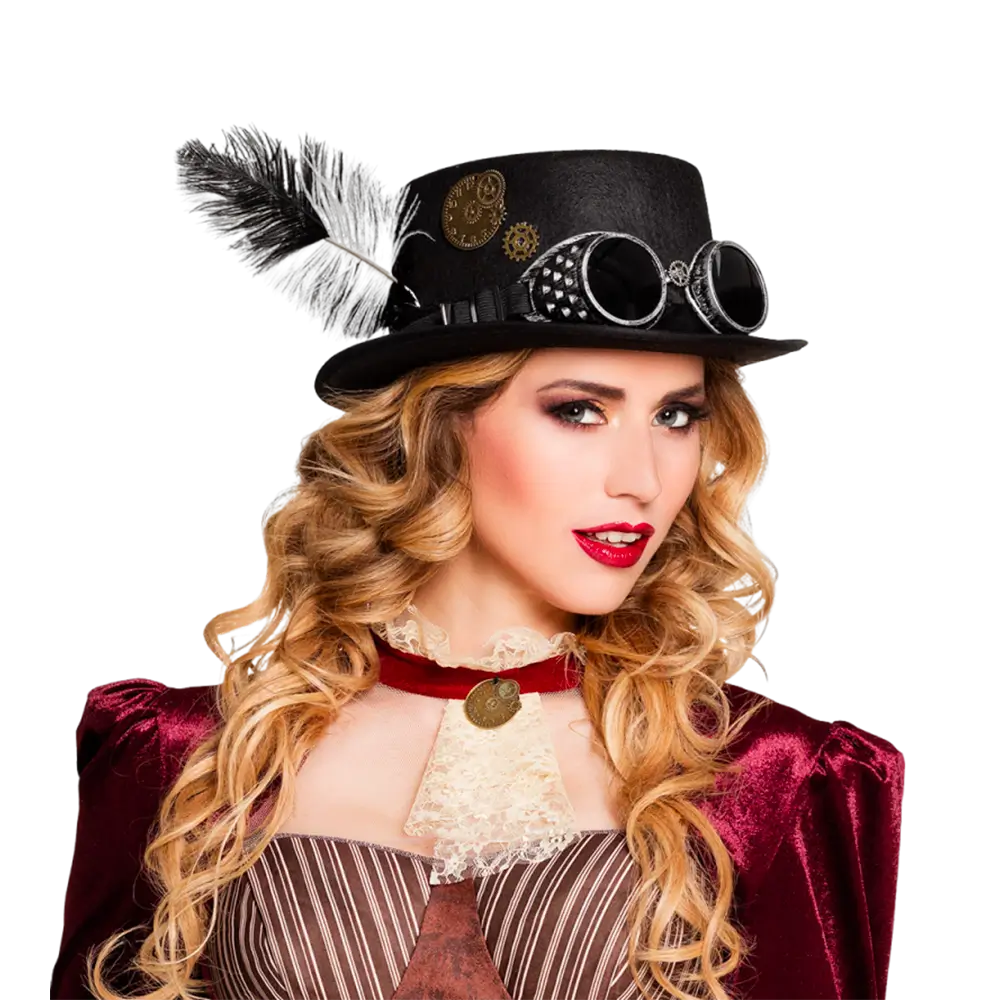 Steampunk-Zylinderhut mit Brille und Straußenfedern