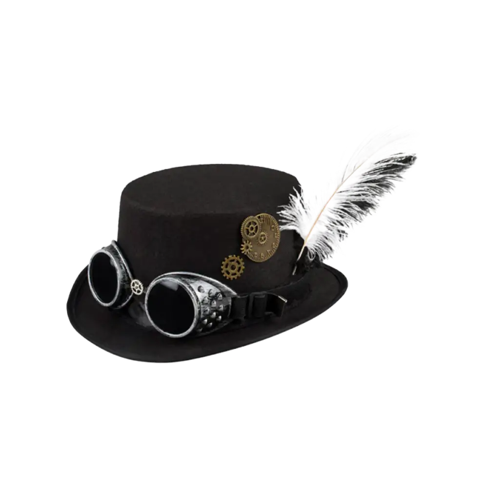 Steampunk-Zylinderhut mit Brille und Straußenfedern