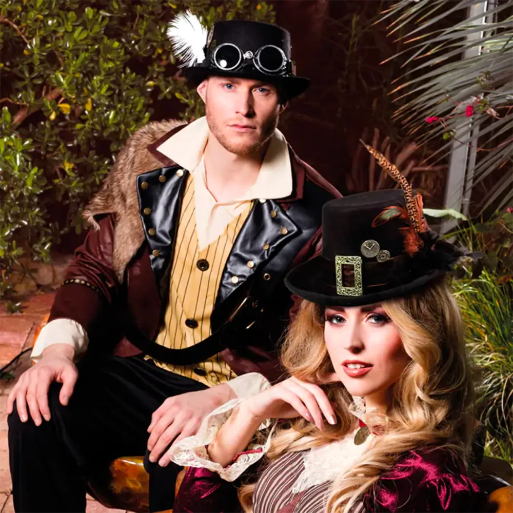 Steampunk-Zylinderhut mit Brille und Straußenfedern