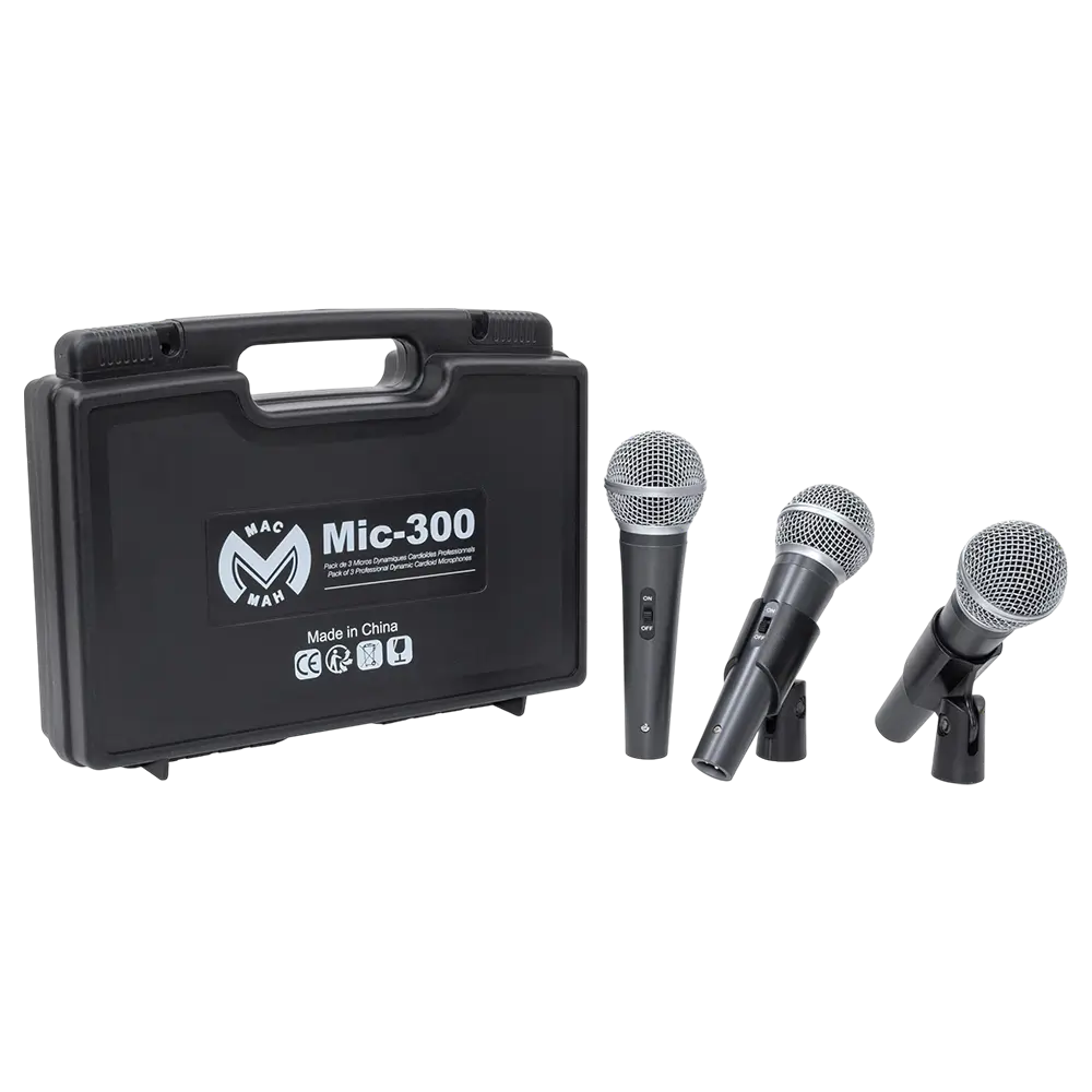 Dynamisches Mikrofon „MIC 300“ Mac Mah – 3er-Pack kabelgebundene Mikrofone mit Koffer, Klemmen, Superniere, XLR