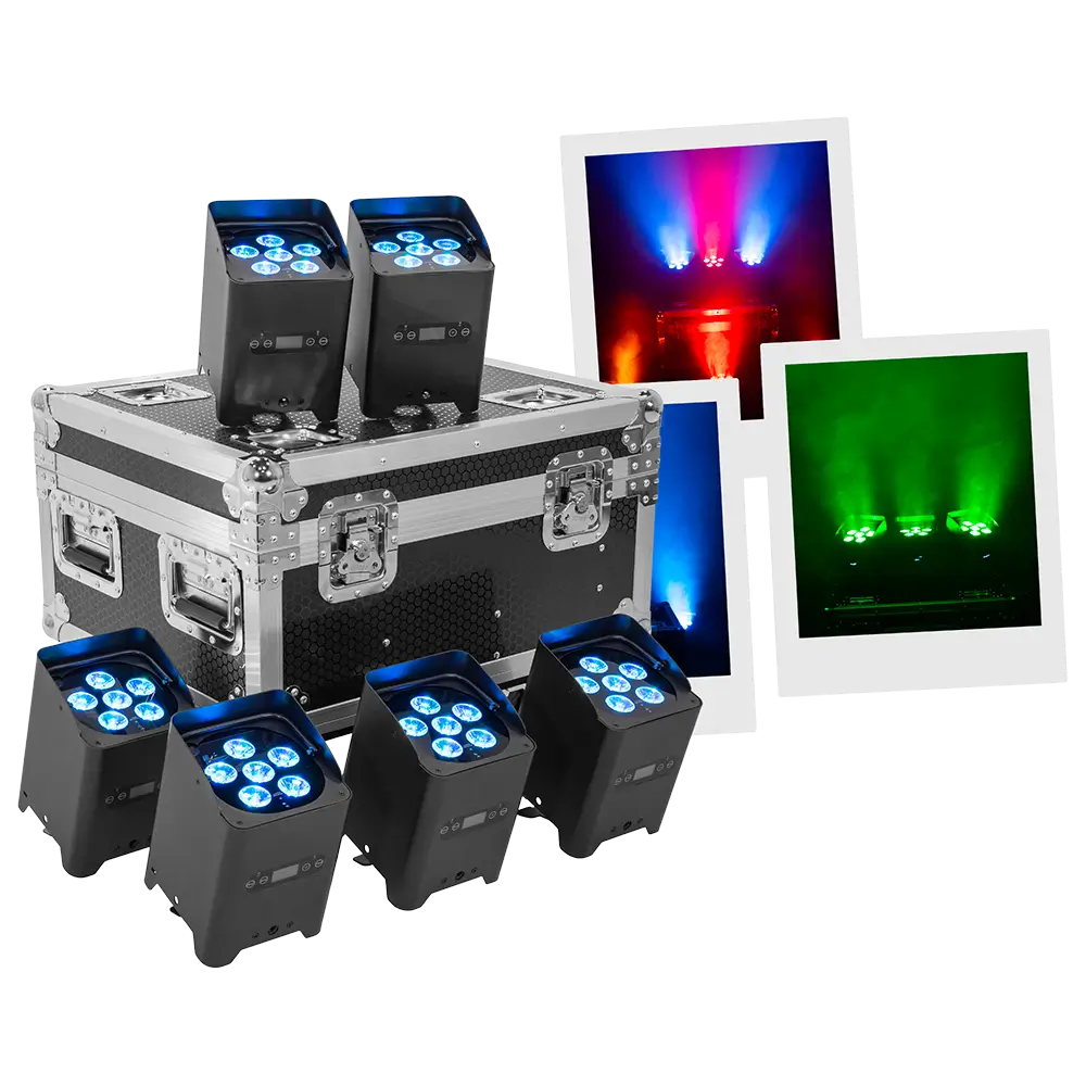 LED-Scheinwerfer „IZY Glow Set“ Mac Mah – 6×15W RGBWA-UV, kabelloses DMX, wiederaufladbar