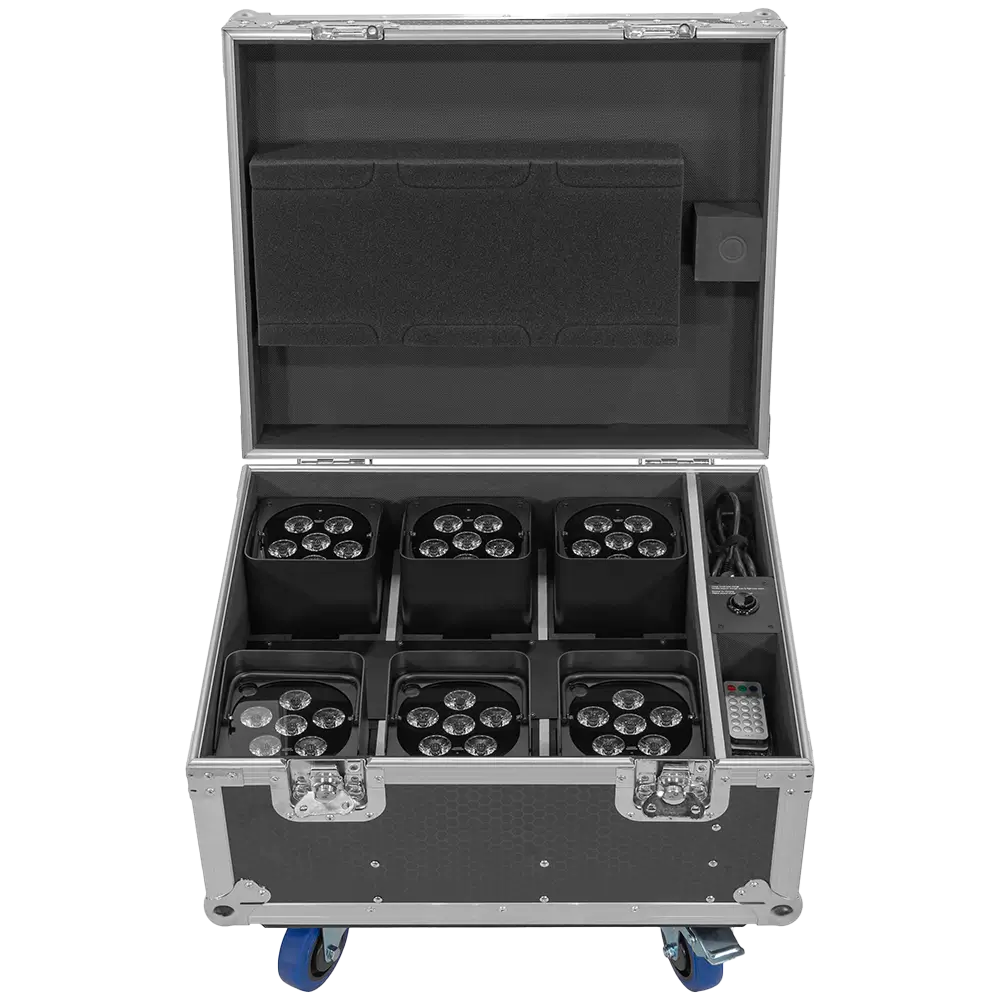 LED-Scheinwerfer „IZY Glow Set“ Mac Mah – 6×15W RGBWA-UV, kabelloses DMX, wiederaufladbar