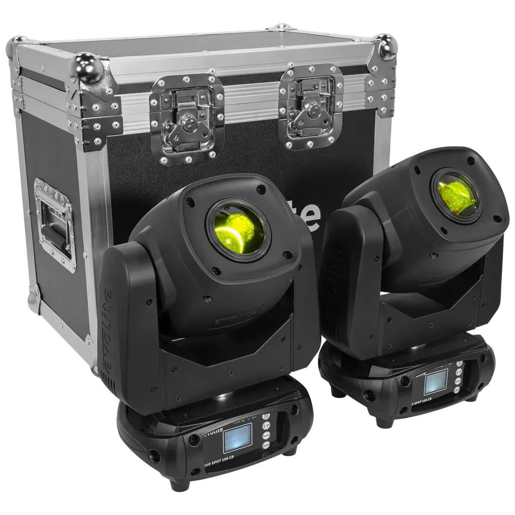 Evo Spot 100 CR Set Evolite - Mehrfarbige LEDs & DMX-Steuerung - 2 x 100 W Spot-Scheinwerfer im Flightcase