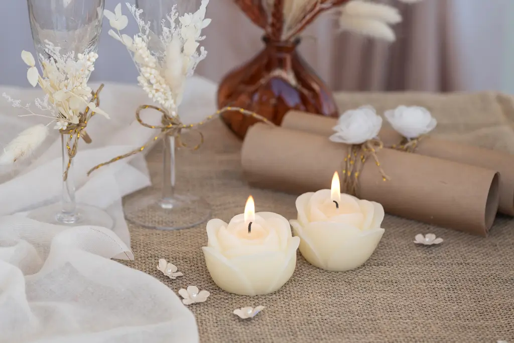 Deko-Kerze Blume Rose geschnitzt - Elfenbein