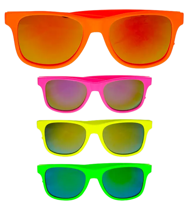 Neon 80er Jahre Brille mit Revo Gläsern – 4 Sortierte Farben – Disco Kostüm Accessoire