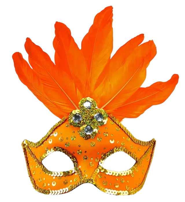 Karneval Loup Maske Brasilien Neon Orange mit Goldenen Pailletten und Federn – Kostüm Accessoire