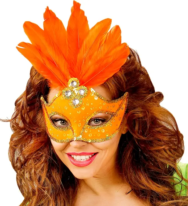Karneval Loup Maske Brasilien Neon Orange mit Goldenen Pailletten und Federn – Kostüm Accessoire
