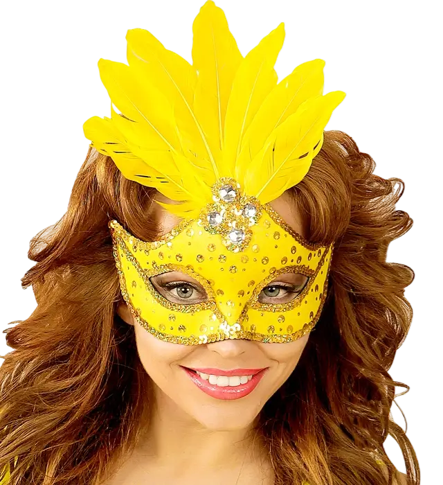 Karneval Loup Maske Brasilien Neon Gelb mit Goldenen Pailletten und Federn – Kostüm Accessoire