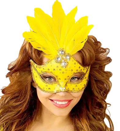 Karneval Loup Maske Brasilien Neon Gelb mit Goldenen Pailletten und Federn – Kostüm Accessoire