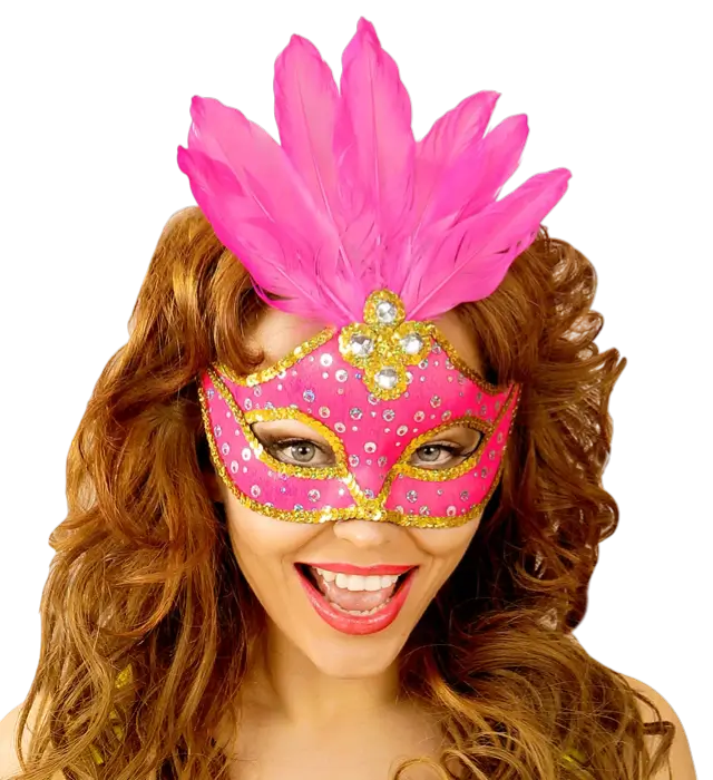 Karneval Loup Maske Brasilien Neon Rosa mit Goldenen Pailletten und Federn – Kostüm Accessoire