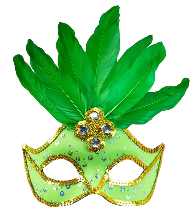 Karneval Loup Maske Brasilien Neon Grün mit Goldenen Pailletten und Federn – Kostüm Accessoire