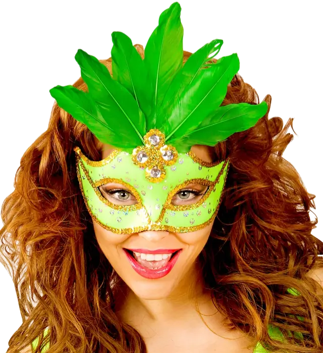 Karneval Loup Maske Brasilien Neon Grün mit Goldenen Pailletten und Federn – Kostüm Accessoire