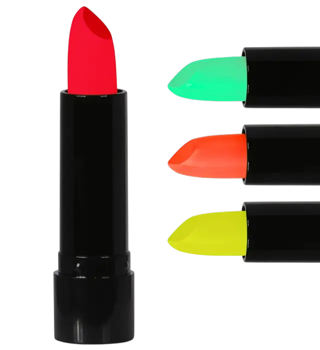 Display Box mit 24 Neon Lippenstiften 6 ml – Pink, Gelb, Grün, Orange – Schminke für Kostüm