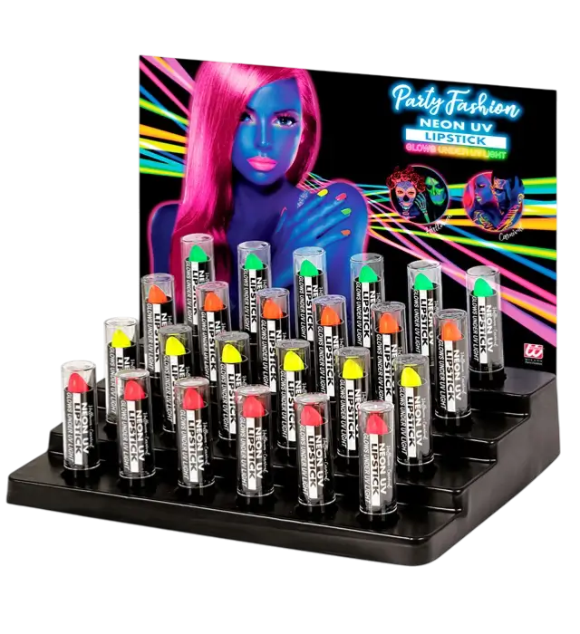 Display Box mit 24 Neon Lippenstiften 6 ml – Pink, Gelb, Grün, Orange – Schminke für Kostüm