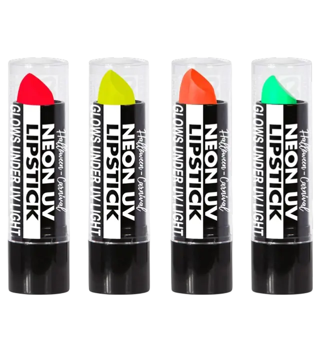 Display Box mit 24 Neon Lippenstiften 6 ml – Pink, Gelb, Grün, Orange – Schminke für Kostüm