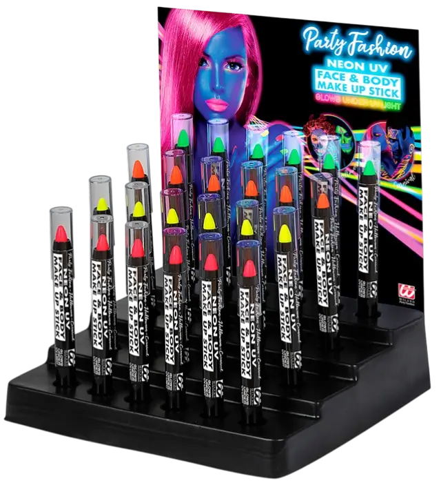 Display Box mit 24 Neon Schminkstiften 3,5 ml – Pink, Gelb, Grün, Orange – Schminke für Kostüm
