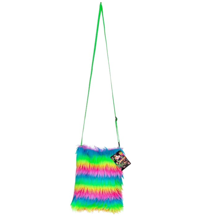 Handtasche aus Neon Regenbogen Kunstfell – Pop Disco Kostüm Accessoire