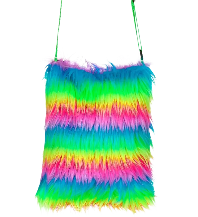 Handtasche aus Neon Regenbogen Kunstfell – Pop Disco Kostüm Accessoire