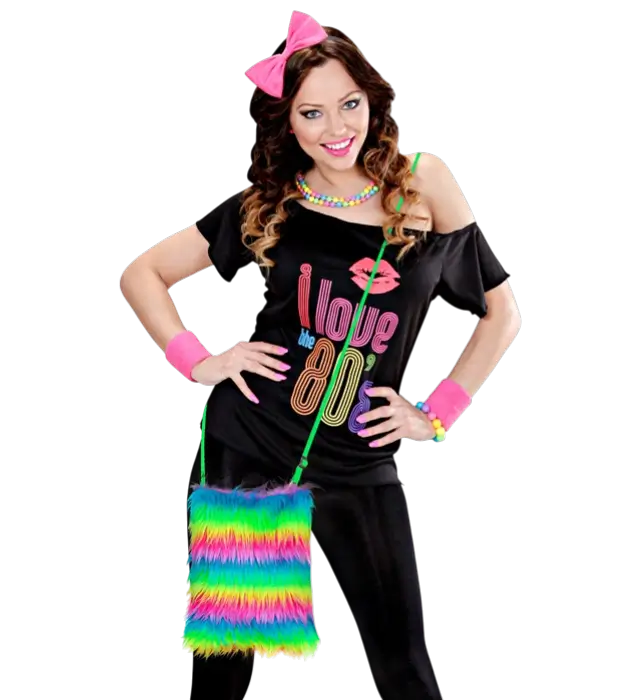 Handtasche aus Neon Regenbogen Kunstfell – Pop Disco Kostüm Accessoire