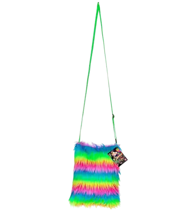 Handtasche aus Neon Regenbogen Kunstfell – Pop Disco Kostüm Accessoire