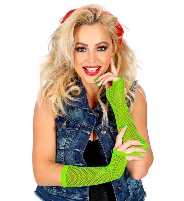 Neon Grüne Netz Fingerlose Handschuhe 33 cm – 80er Jahre Kostüm Accessoire