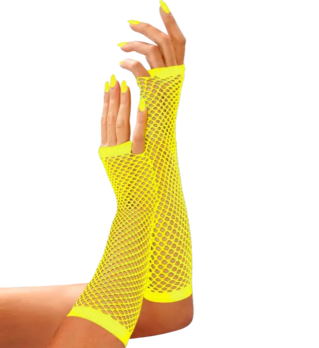 Neon Gelbe Netz Fingerlose Handschuhe 33 cm – 80er Jahre Kostüm Accessoire