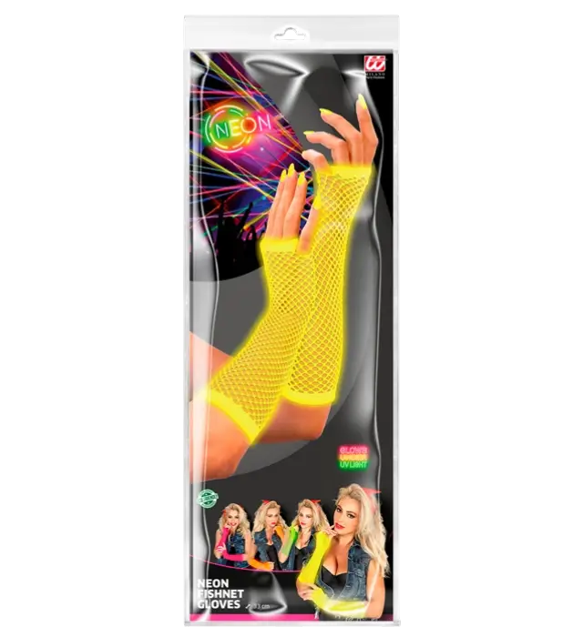 Neon Gelbe Netz Fingerlose Handschuhe 33 cm – 80er Jahre Kostüm Accessoire