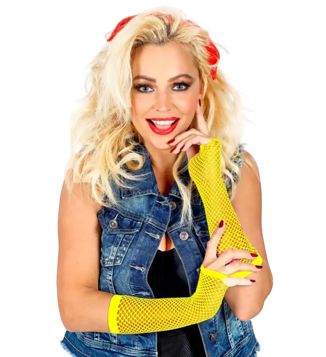 Neon Gelbe Netz Fingerlose Handschuhe 33 cm – 80er Jahre Kostüm Accessoire