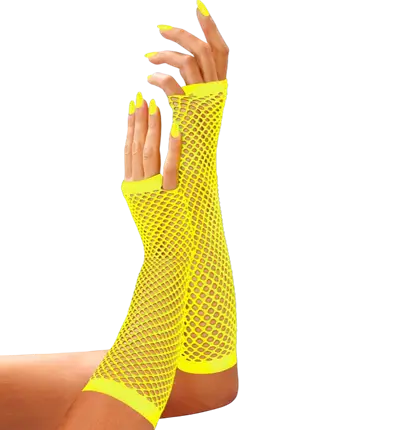Neon Gelbe Netz Fingerlose Handschuhe 33 cm – 80er Jahre Kostüm Accessoire