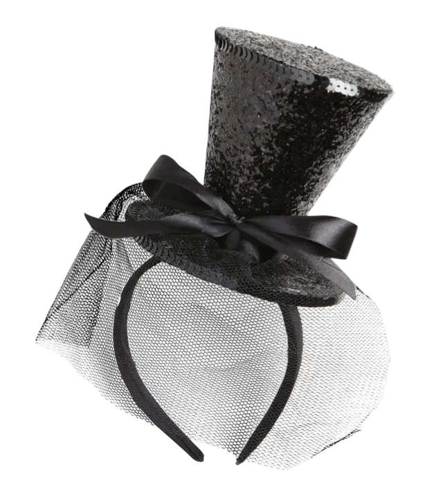 Mini Schwarzer Pailletten Hut auf Stirnband mit Schleife und Schleier – Cabaret Kostüm Accessoire