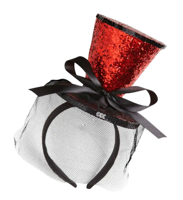 Mini Roter Pailletten Hut auf Stirnband mit Schleife und Schleier – Cabaret Kostüm Accessoire