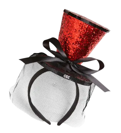 Mini Roter Pailletten Hut auf Stirnband mit Schleife und Schleier – Cabaret Kostüm Accessoire