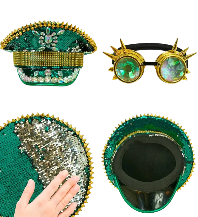 Grüne Festival Kappe mit Spitzen, Schmuck und Kaleidoskop Brille mit Pailletten – Kostüm Accessoire