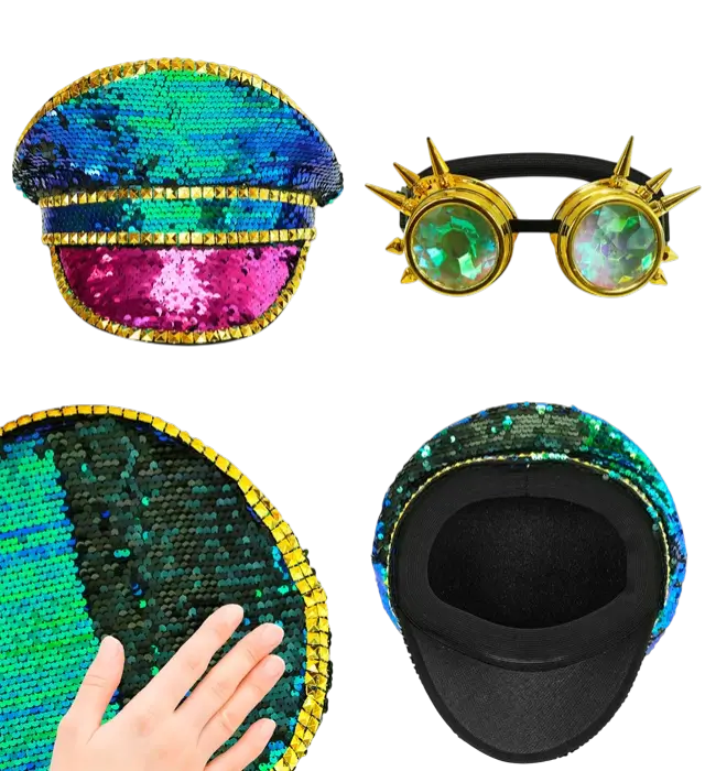 Festival Hut mit Nieten und Kaleidoskop Brille mit Spitzen und Bunten Pailletten – Kostüm Accessoire