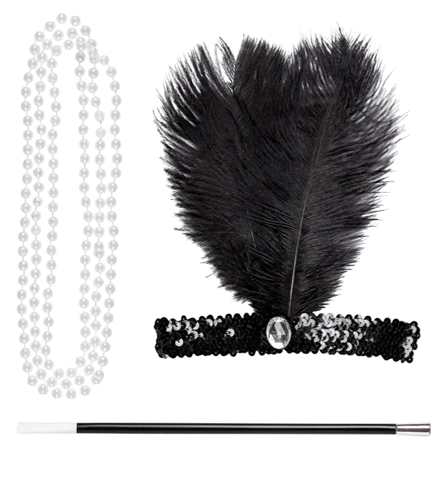 "CHARLESTON" (Pailletten-Stirnband, Halskette, Zigarettenspitze)