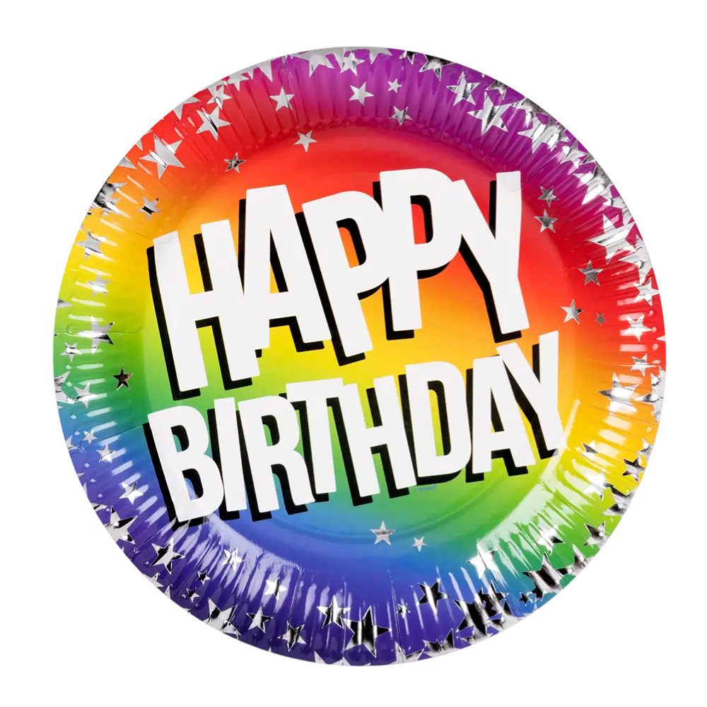 Set mit 10 Rainbow-Papiertellern 'Happy Birthday' (XL)