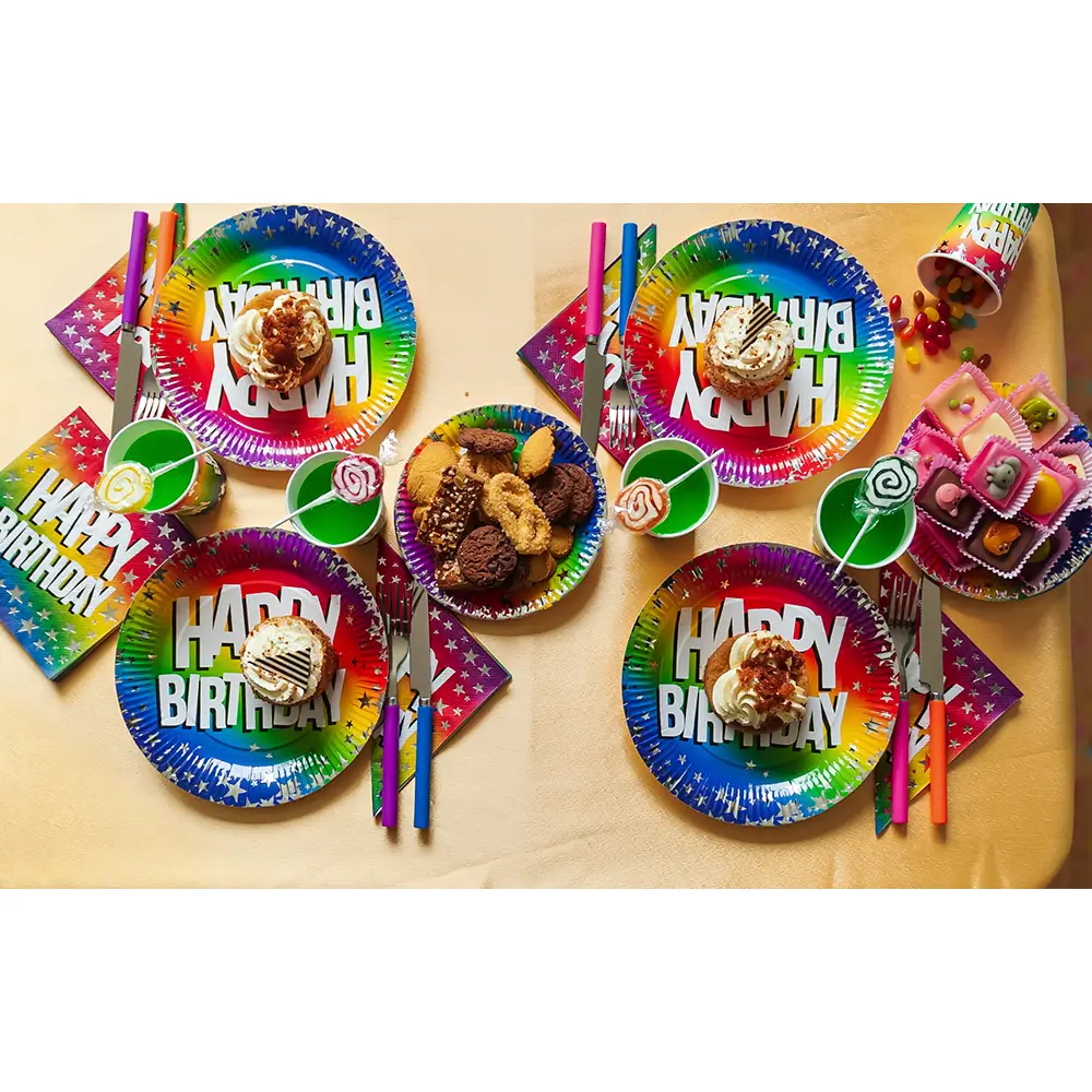 Set mit 10 Rainbow-Papiertellern 'Happy Birthday' (XL)