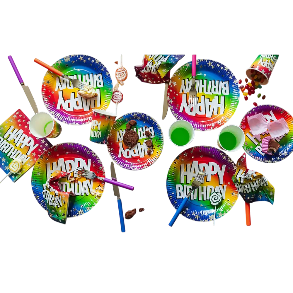Set mit 10 Rainbow-Papiertellern 'Happy Birthday' (XL)