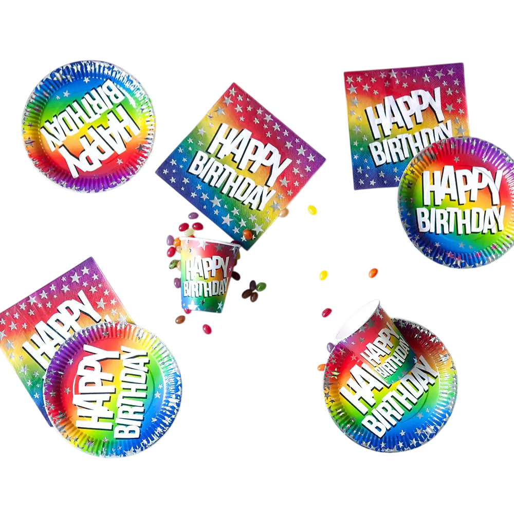 Set mit 10 Rainbow-Papiertellern 'Happy Birthday' (XL)