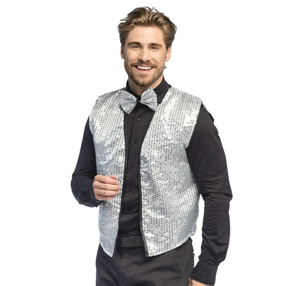 Weste mit Pailletten und Fliege "Spangles" - Größe M/L - Silber