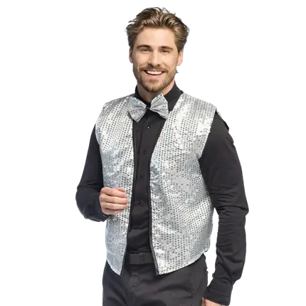 Weste mit Pailletten und Fliege Spangles - Größe M/L - Silber