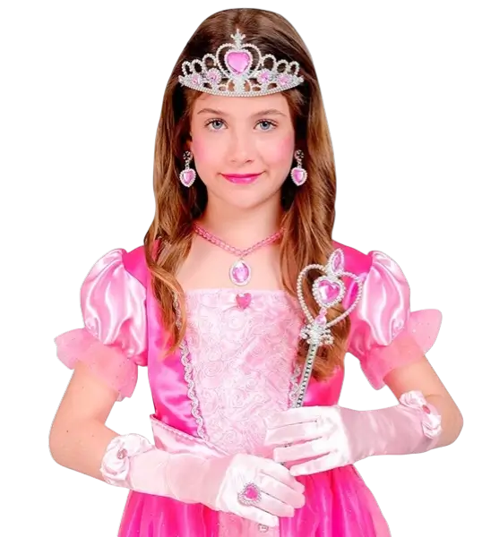 Komplettes Prinzessinnen-Set - Tiara, Handschuhe, Halskette, Ring und Baguette