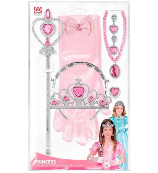 Komplettes Prinzessinnen-Set - Tiara, Handschuhe, Halskette, Ring und Baguette