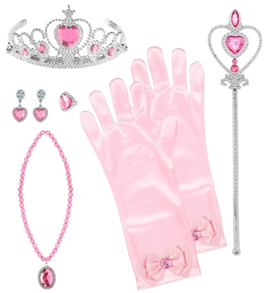 Komplettes Prinzessinnen-Set - Tiara, Handschuhe, Halskette, Ring und Baguette