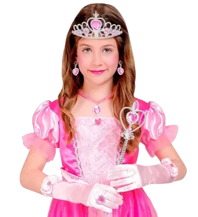 Komplettes Prinzessinnen-Set - Tiara, Handschuhe, Halskette, Ring und Baguette